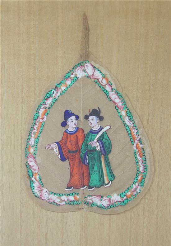 A pair of Chinese leaf paintings, 19th century, each leaf 15cm and 16cm, framed and glazed